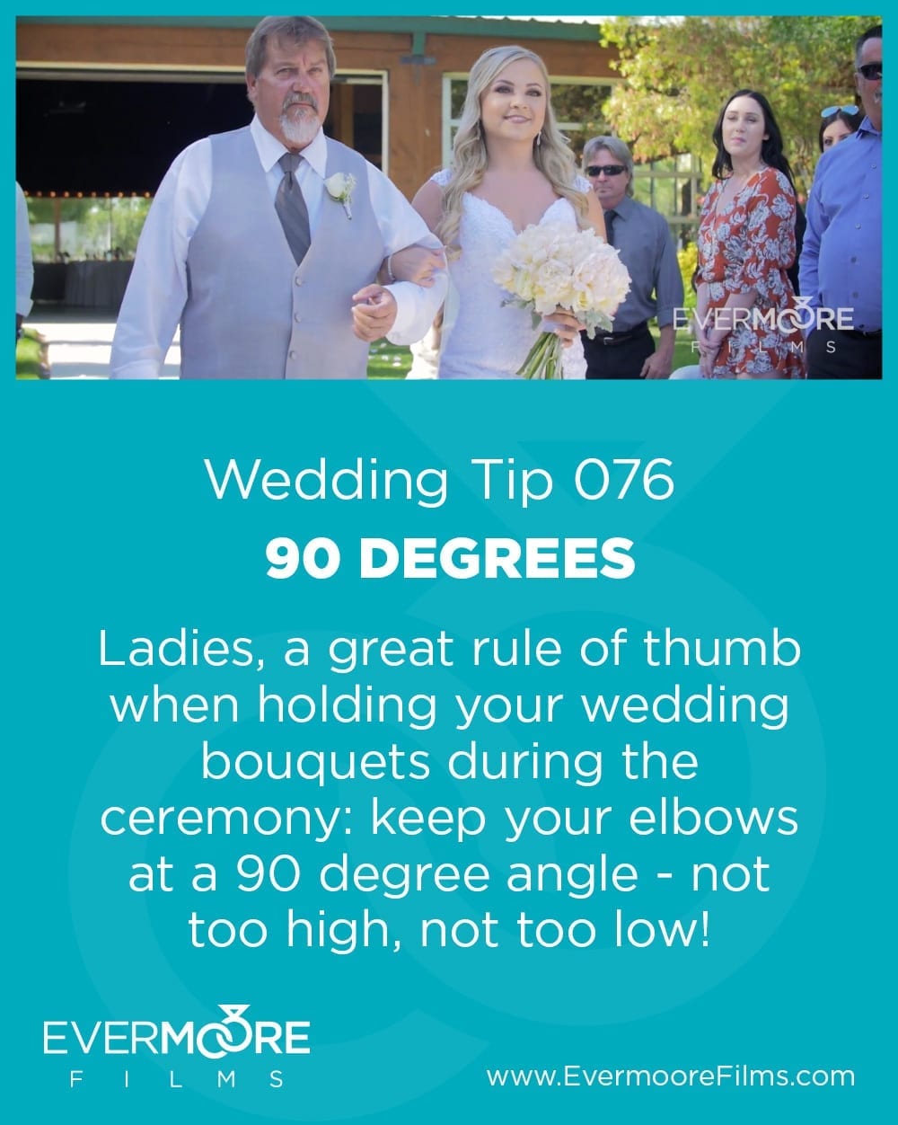 The 90 degree rule for wedding bouquets - make sure your flowers don't hide your dress! | www.EvermooreFilms.com